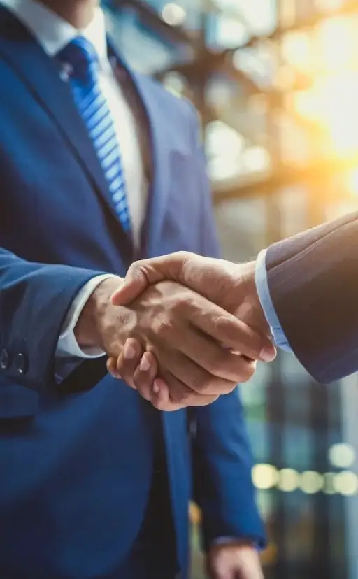 Engineering partners shaking hands to finalize global manufacturing supply chain solutions and tailored OEM services.