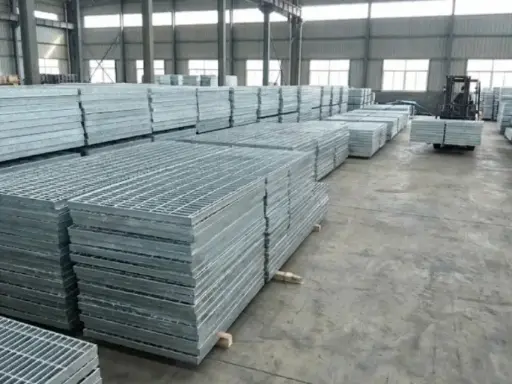 Large-scale warehouse inventory of steel grating panels ready for high-volume industrial orders and fast delivery.