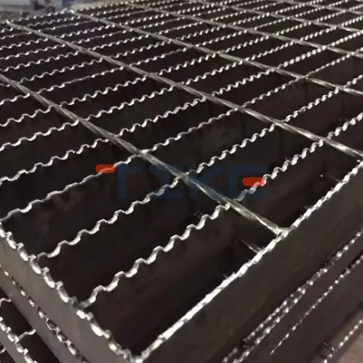 Serrated toothed steel grating providing maximum slip resistance for hazardous, oily, or wet industrial areas.